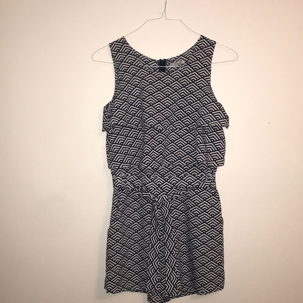 Navy and white patterned romper with tie